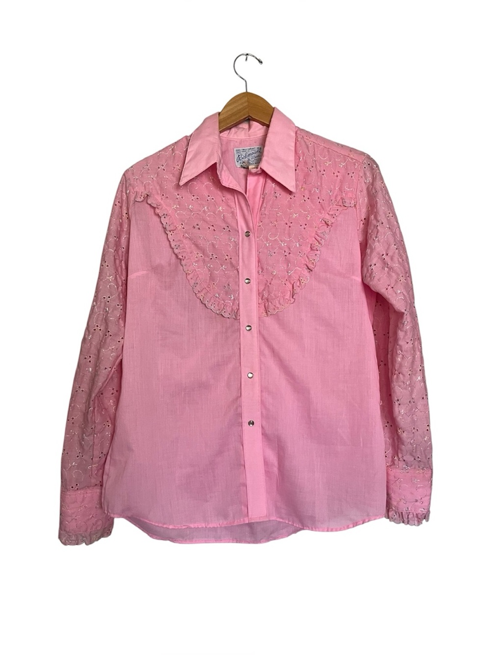 Vtg Rockmount Ranch Wear Shirt Pink Lace Ruffle Western Pearl Snap 38 Medium